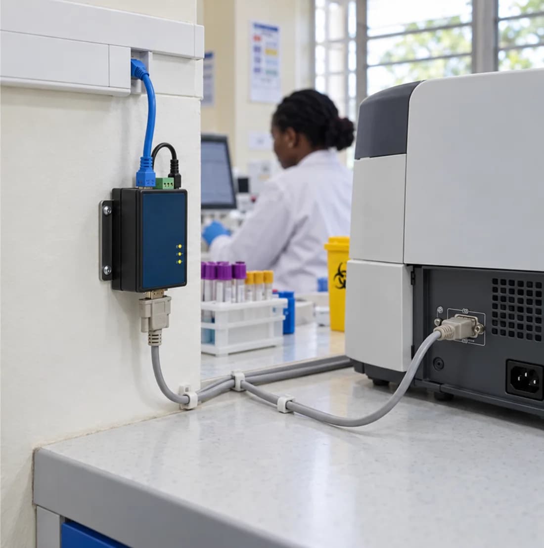 A serial to Ethernet converter mounted on the wall beside an analyser, with a serial cable to the instrument and network cable to the trunking