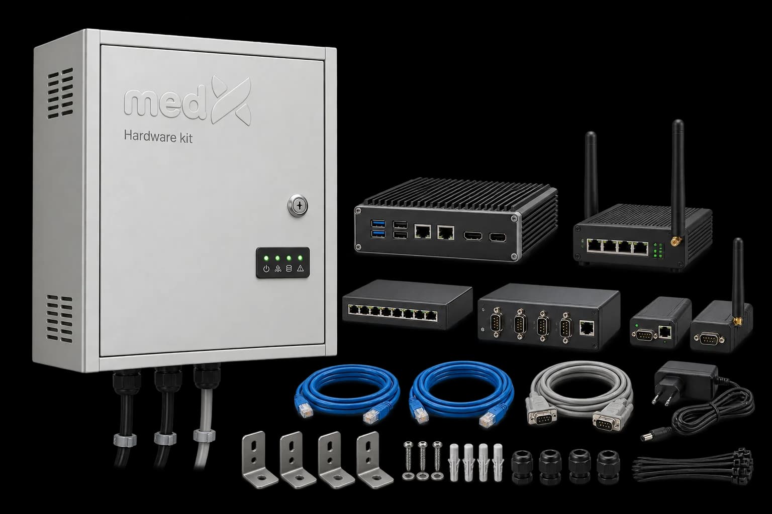 The Hardware Kit laid out: the cabinet, a mini PC, a cellular router, a network switch, four-port and single-port serial gateways, a serial to Wi-Fi adapter, network and serial cables, a power adapter, mounting brackets, screws, wall plugs, cable glands and ties