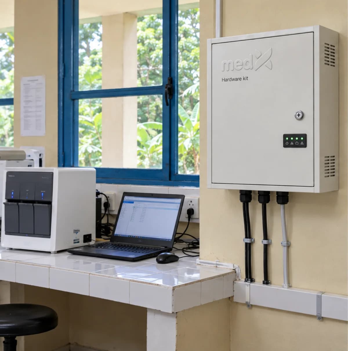 The Hardware Kit cabinet mounted on a laboratory wall beside an analyser and a workstation, with conduit running to the bench